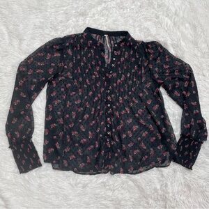 Free People Floral Blouse Womens Size S Small Relaxed Black Pink Button Up